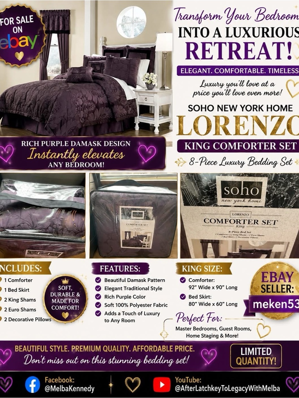 Soho King Comforter Set in Rich Purple Damask